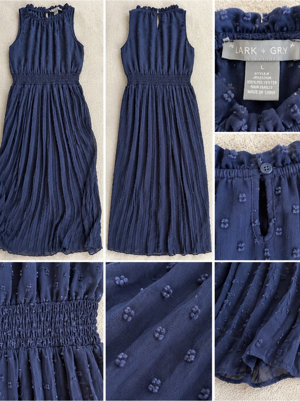 Lark & Grey Sleeveless Navy Textured Pleated Maxi Dress Large